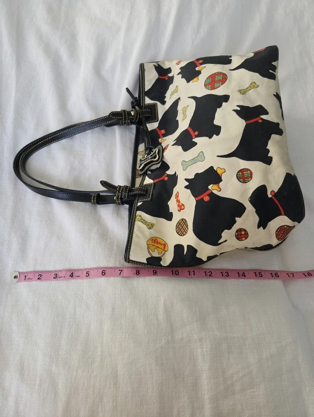Dooney & Bourke Black Scottie Dog Print Tote, Cream Background + Plaid Interior